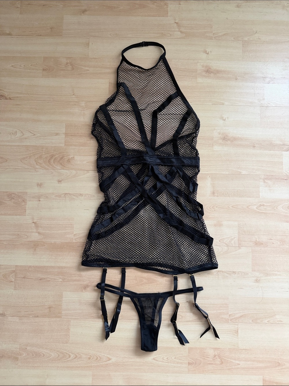 Black Fishnet Garter Chemise Thong Set with Strappy Detail